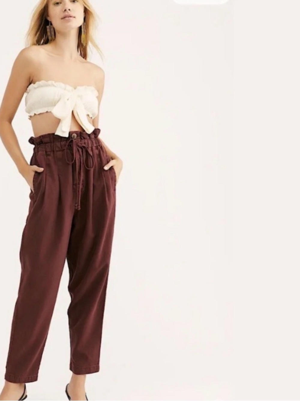 NWOT Free People Margate Paperbag Waist Pleated Relaxed Pants Rust Wine Red M